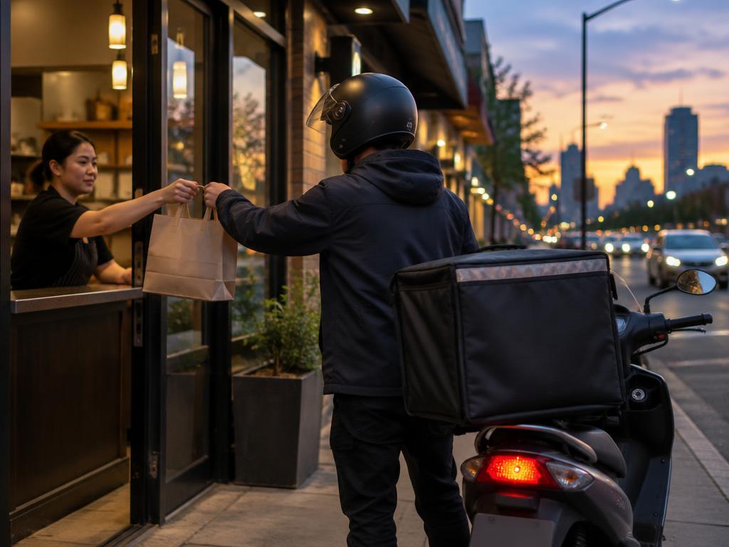 Delivery dispatch: driver collecting a food order in Durham